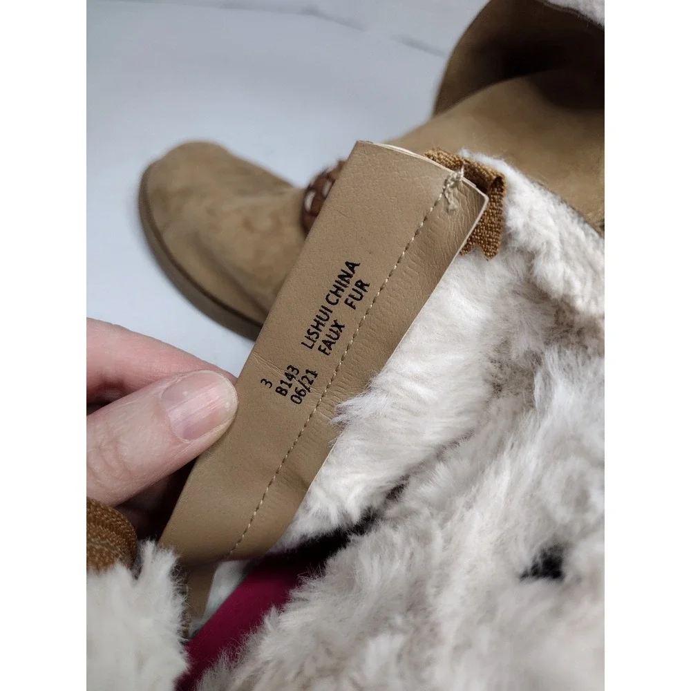 Blowfish Malibu Kids Tan Faux Fur Lined Ankle Boots Braided Buckle Size 3
